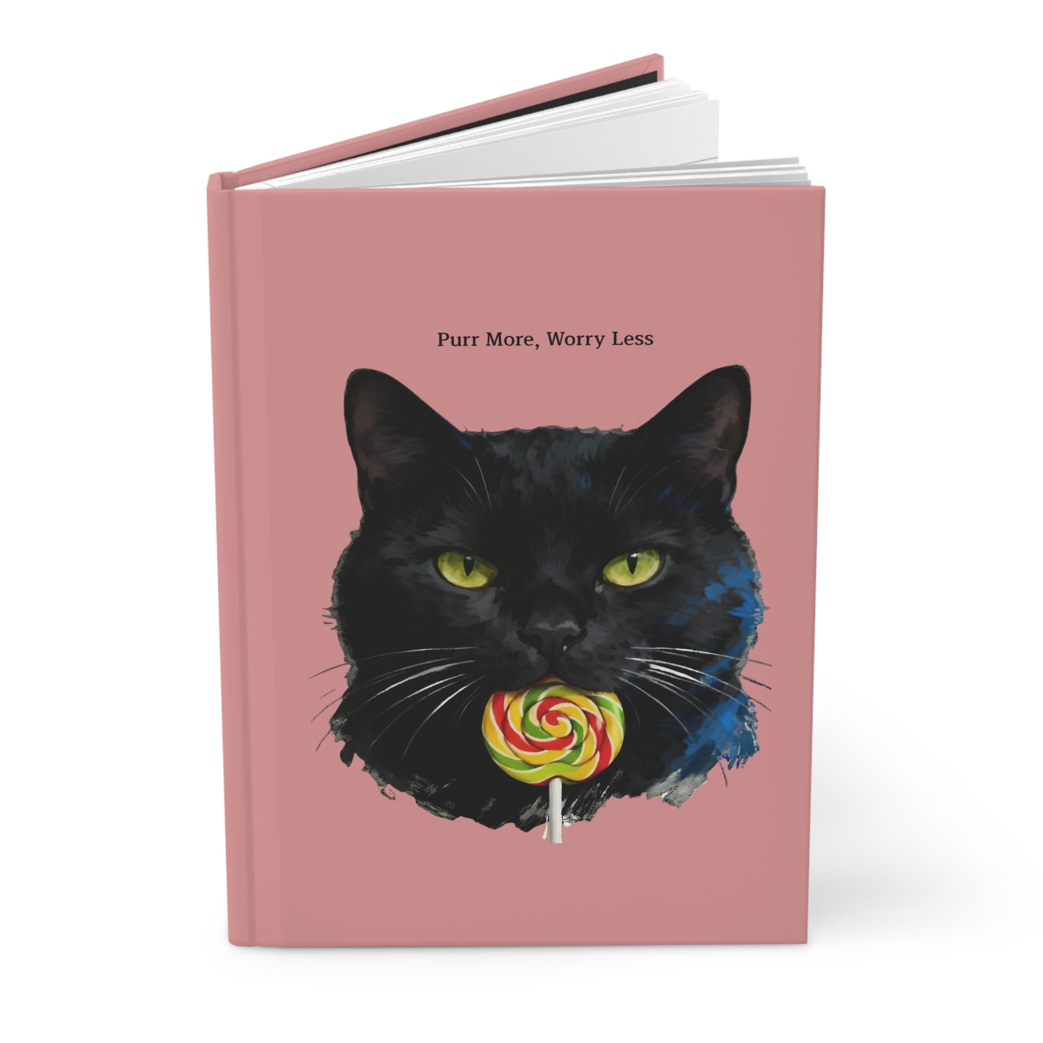 Hardcover Journal — Black Cat "Purr More, Worry Less" Pink Notebook