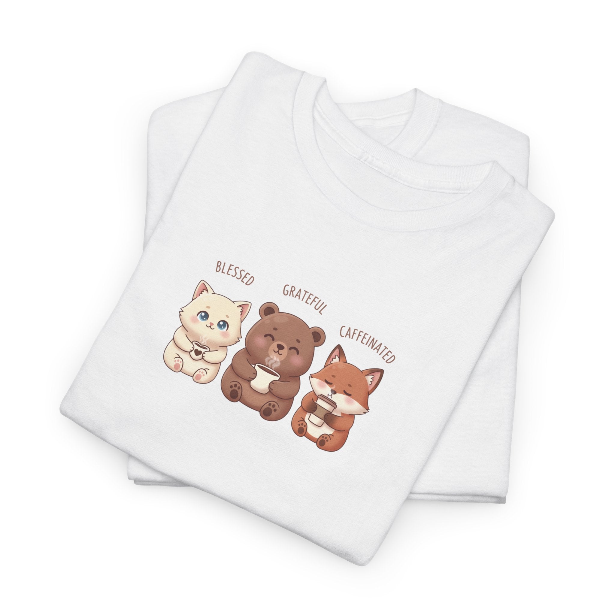 Cute Three Dogs Graphic Tee – Pawfect Puppy "Blessed, Grateful, Caffeinated "Trio T-Shirt