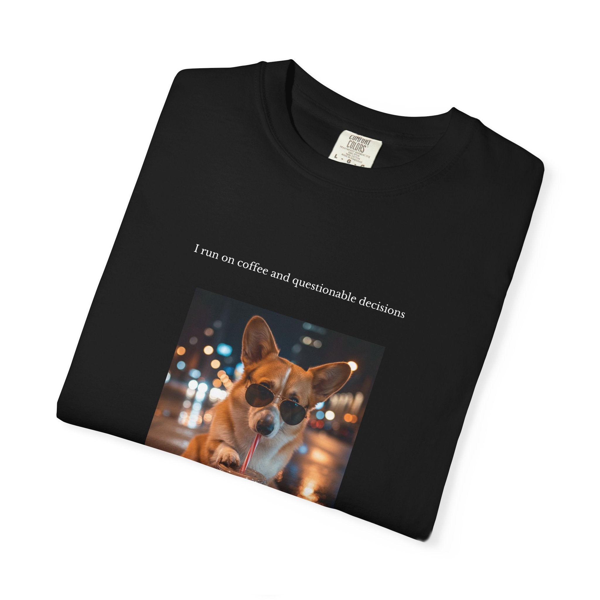 Corgi Night Walk T‑Shirt — "I run on coffee and questionable decisions" Graphic Tee