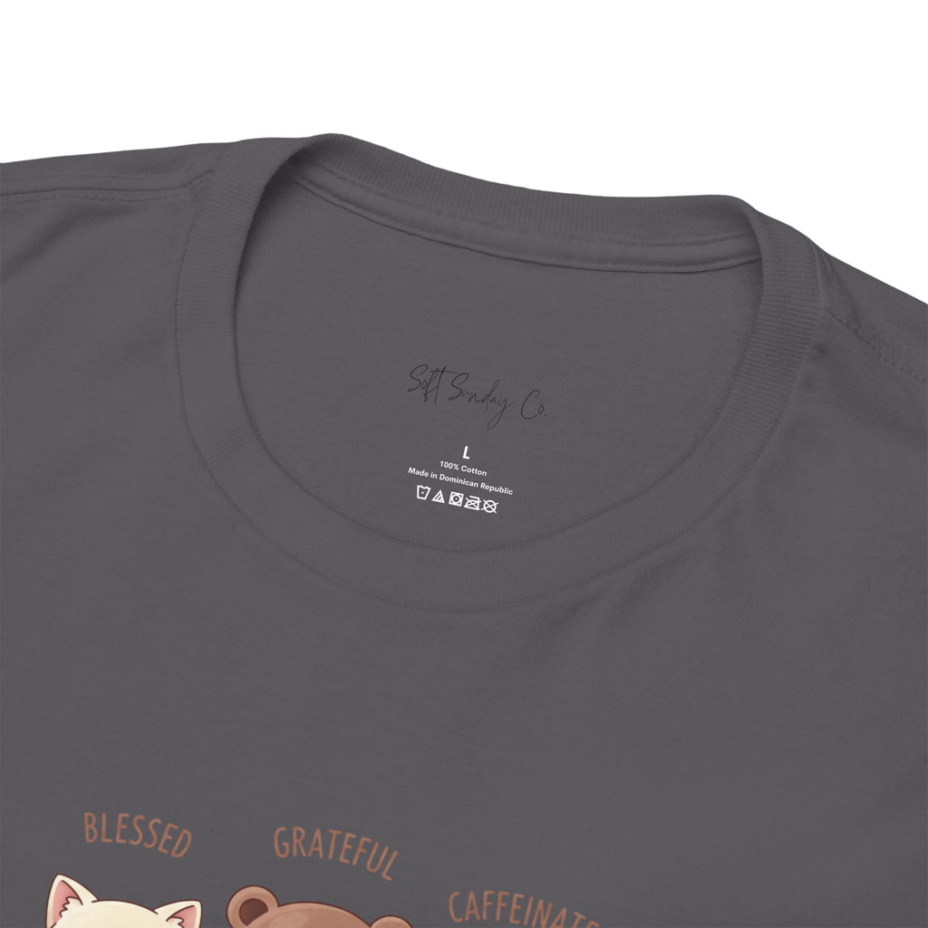 Cute Three Dogs Graphic Tee – Pawfect Puppy "Blessed, Grateful, Caffeinated "Trio T-Shirt
