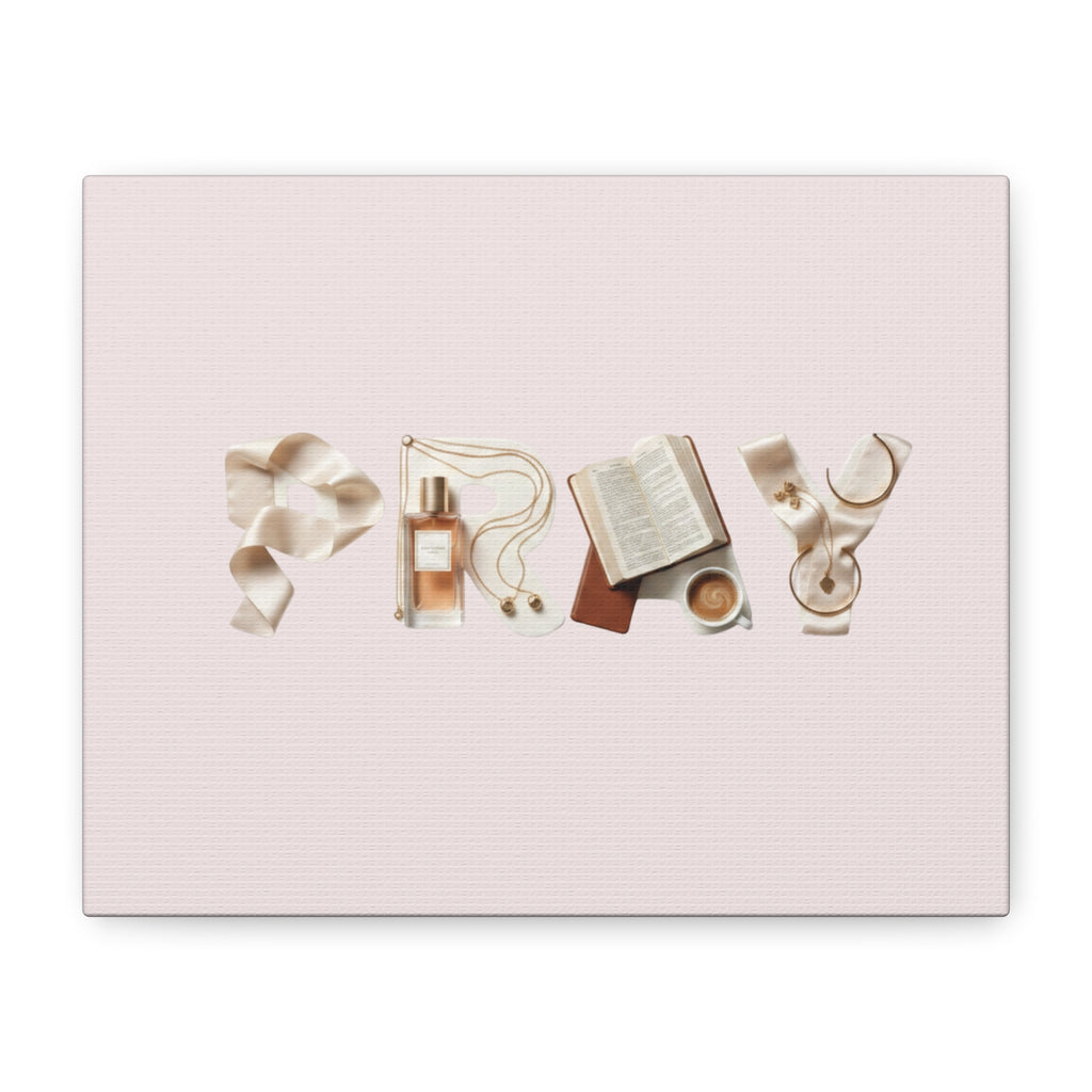 Canvas Wall Art — 'P R A Y' Typography with Book, Perfume & Coffee | Inspirational Bedroom Decor