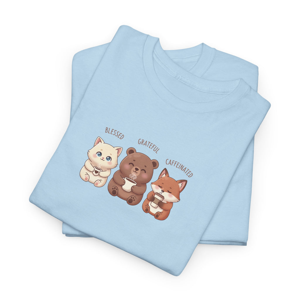 Cute Three Dogs Graphic Tee – Pawfect Puppy "Blessed, Grateful, Caffeinated "Trio T-Shirt