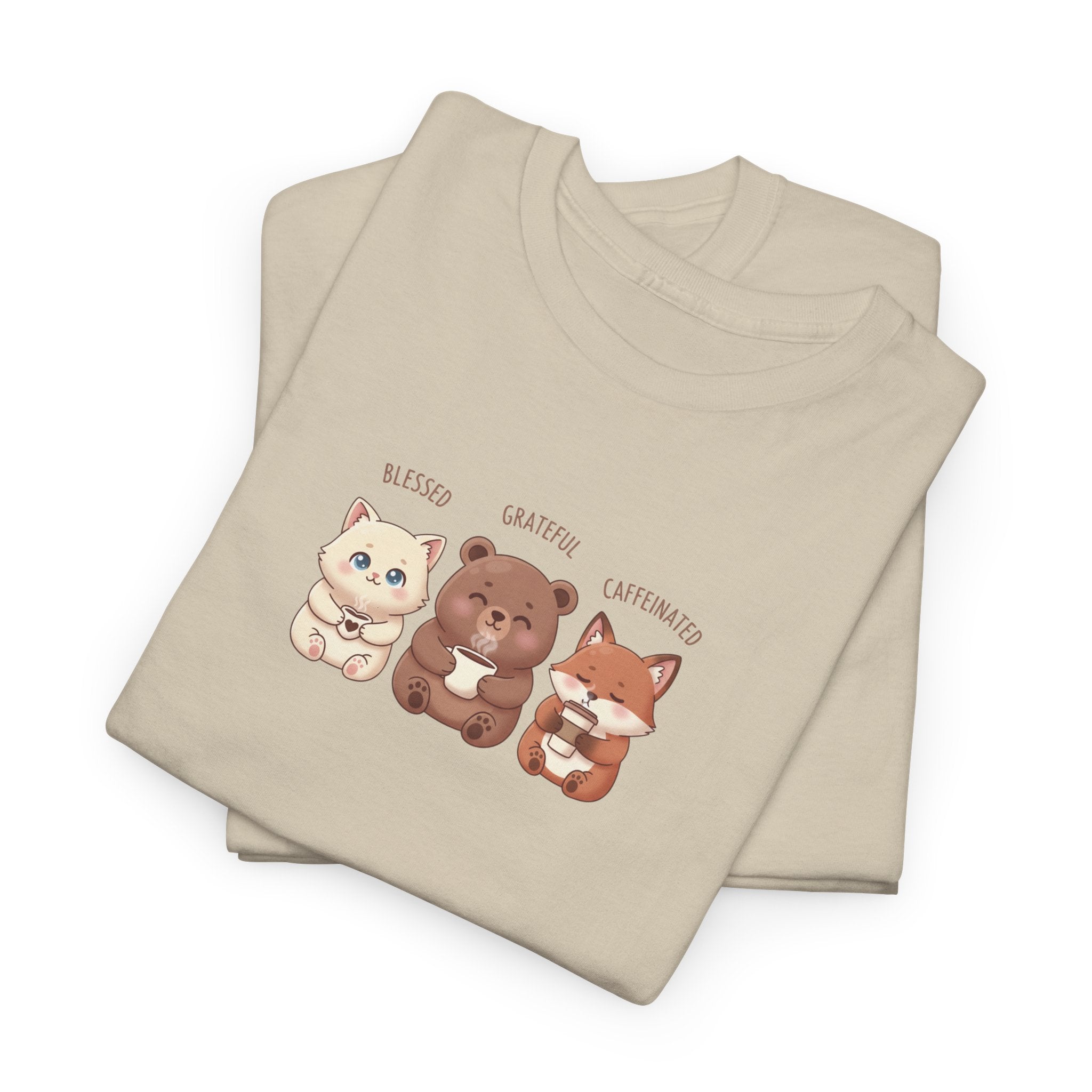Cute Three Dogs Graphic Tee – Pawfect Puppy "Blessed, Grateful, Caffeinated "Trio T-Shirt