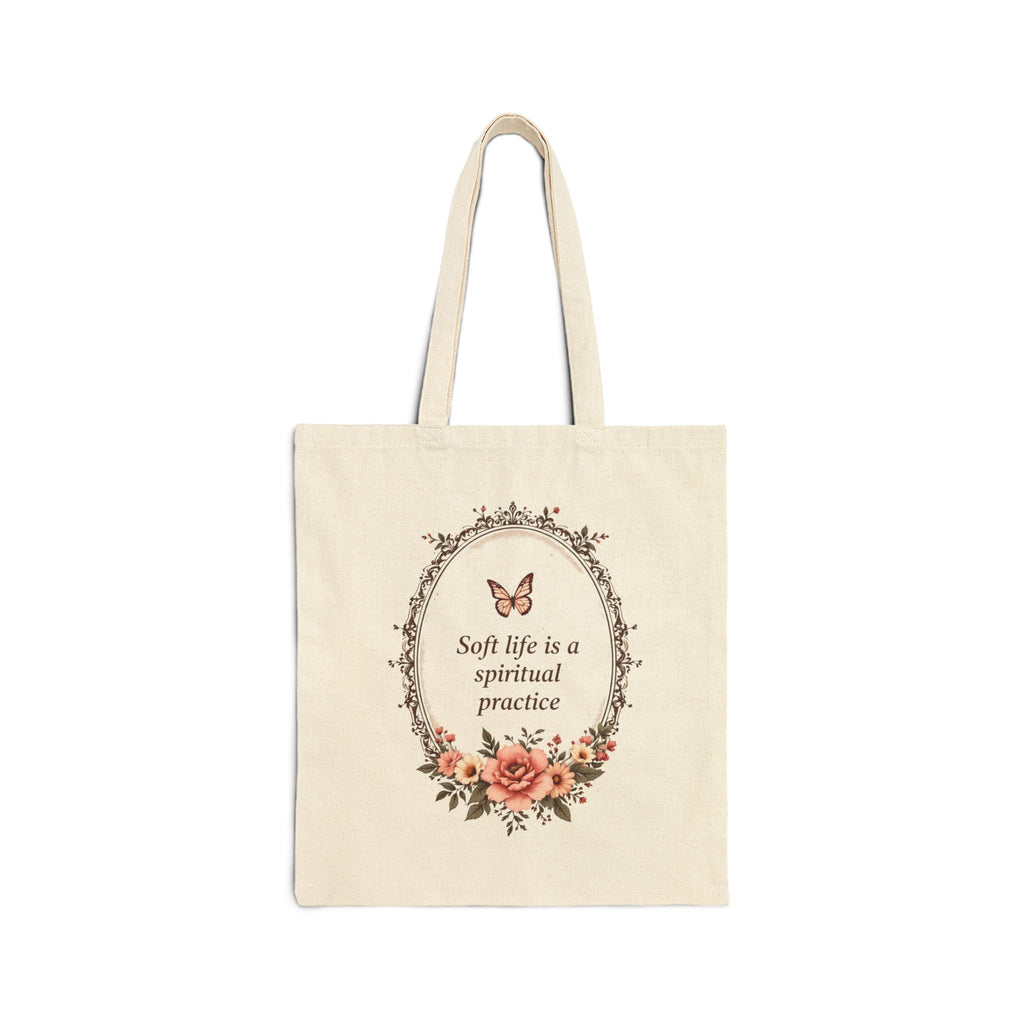 Canvas Tote Bag - “Soft life is a spiritual practice” Floral Butterfly Eco Tote