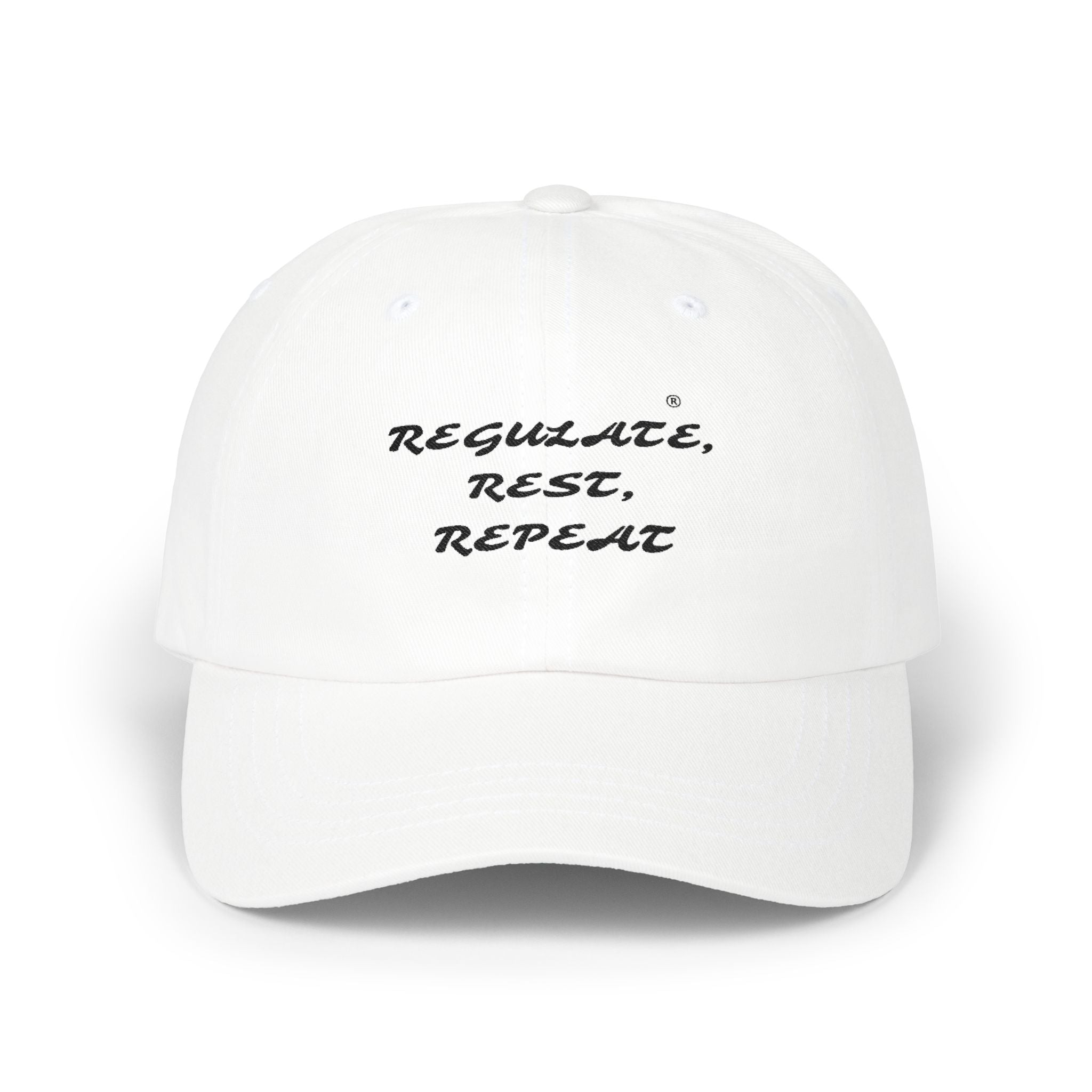 Dad Cap — "Regulate. Rest. Repeat." Embroidered Relaxation Hat