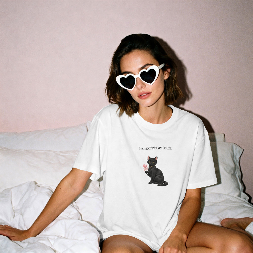 Black Cat Sitting Tee | Minimal Kitty Illustration, Chest Patch