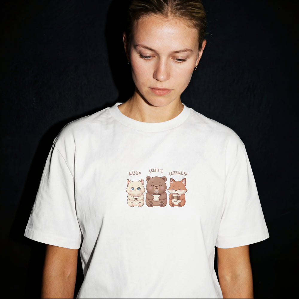 Cute Three Dogs Graphic Tee – Pawfect Puppy "Blessed, Grateful, Caffeinated "Trio T-Shirt