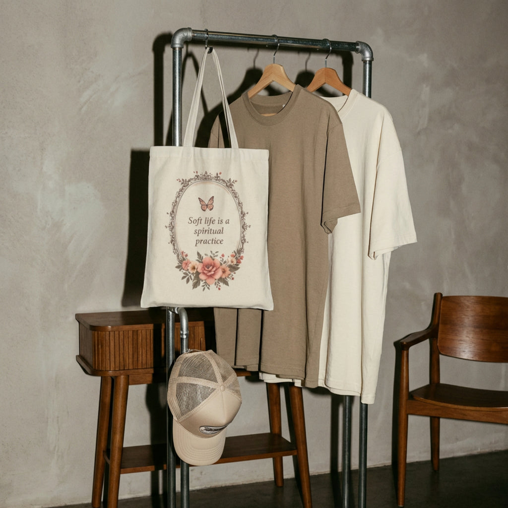 Canvas Tote Bag - “Soft life is a spiritual practice” Floral Butterfly Eco Tote