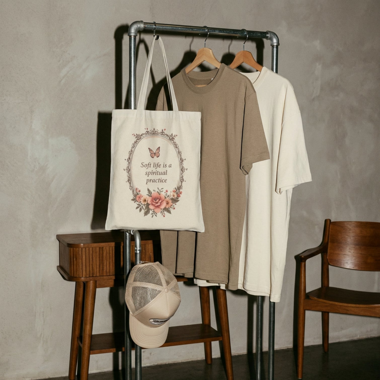 Canvas Tote Bag - “Soft life is a spiritual practice” Floral Butterfly Eco Tote