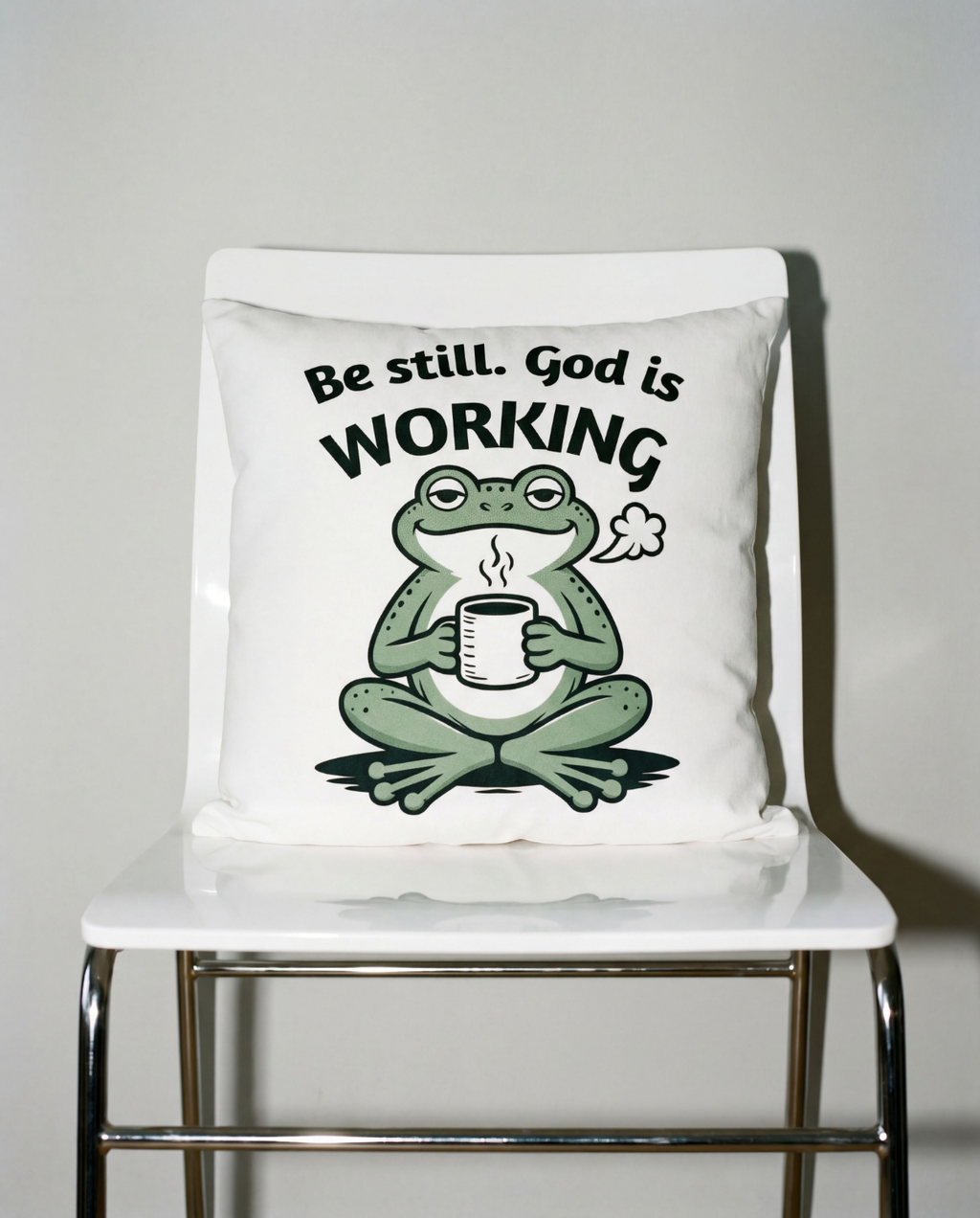 Be Still Christian Throw Pillow — "Be Still. God is working." Inspirational Faith Decor