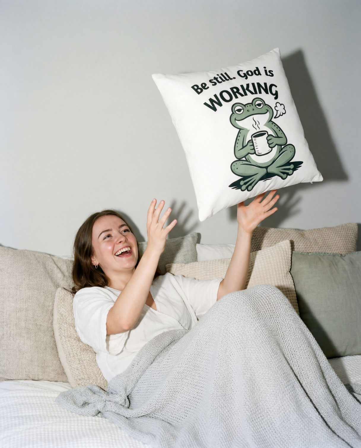Be Still Christian Throw Pillow — "Be Still. God is working." Inspirational Faith Decor