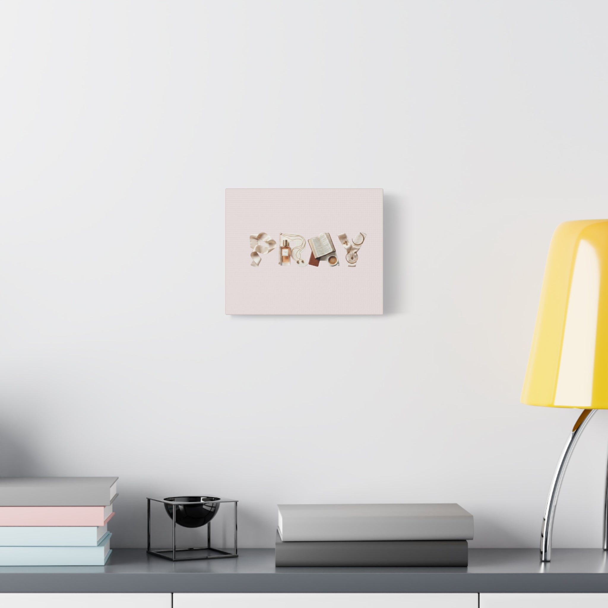 Canvas Wall Art — 'P R A Y' Typography with Book, Perfume & Coffee | Inspirational Bedroom Decor