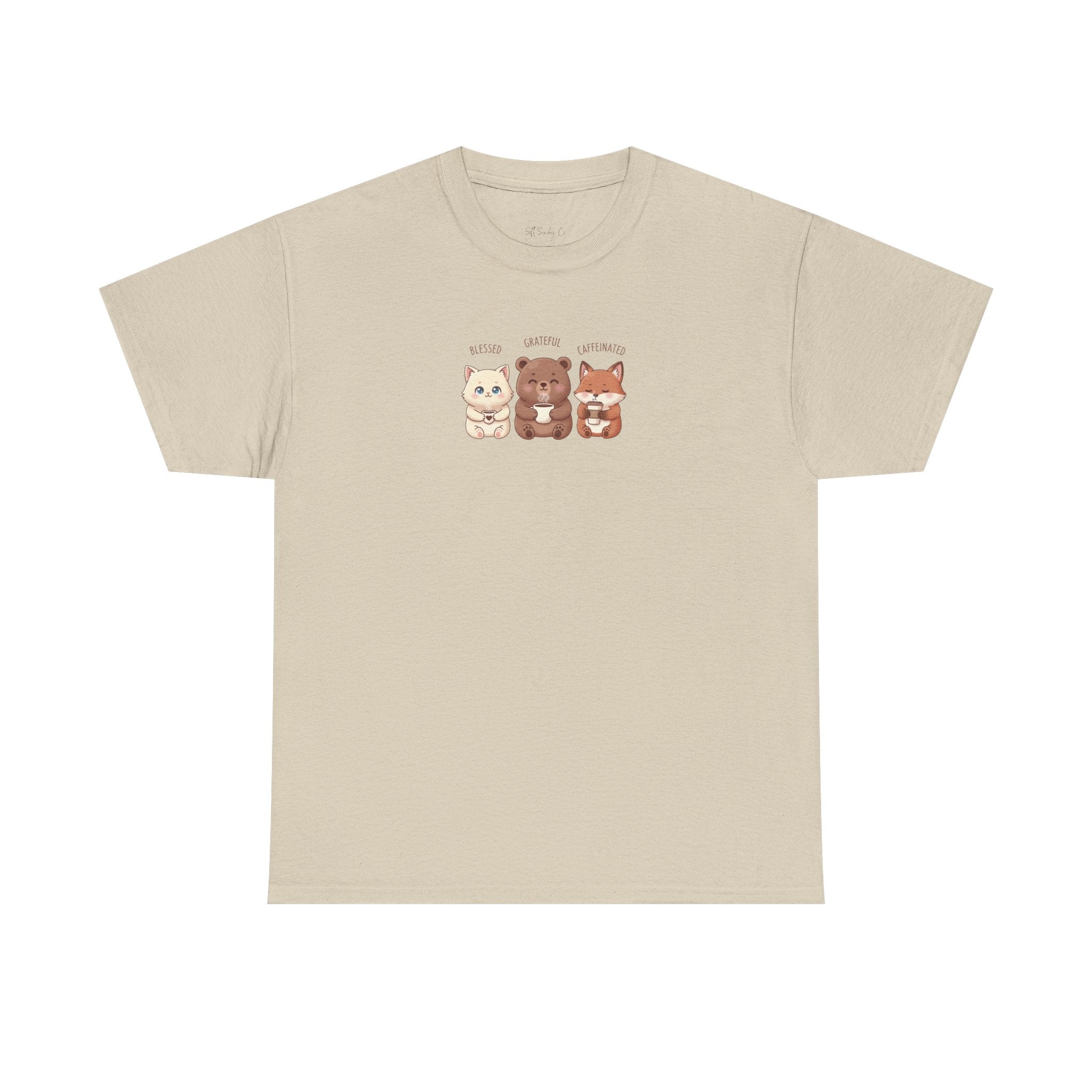 Cute Three Dogs Graphic Tee – Pawfect Puppy "Blessed, Grateful, Caffeinated "Trio T-Shirt