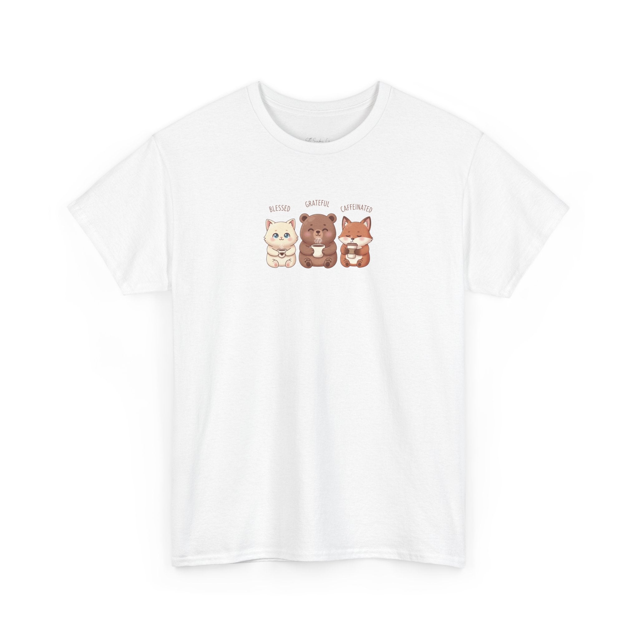 Cute Three Dogs Graphic Tee – Pawfect Puppy "Blessed, Grateful, Caffeinated "Trio T-Shirt