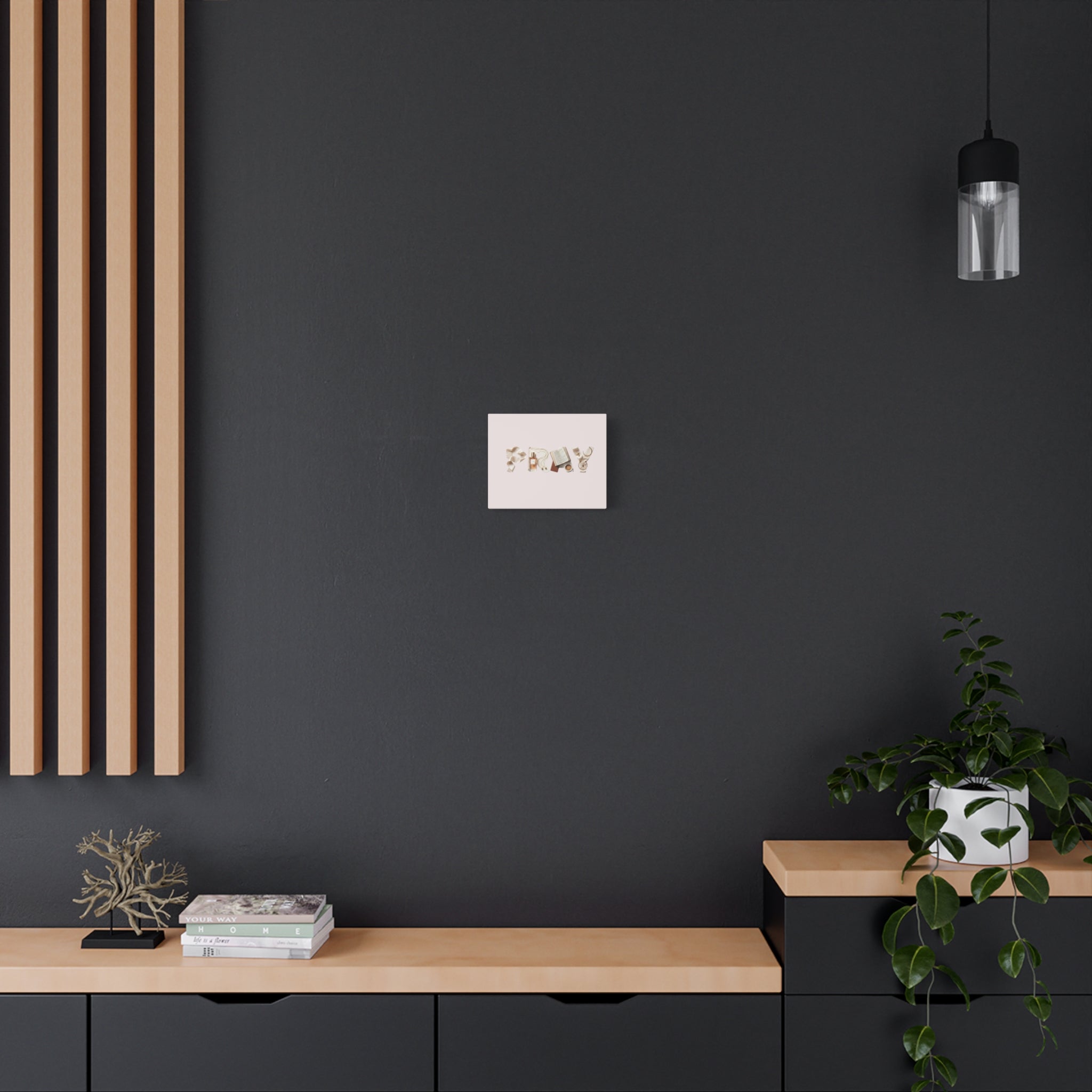 Canvas Wall Art — 'P R A Y' Typography with Book, Perfume & Coffee | Inspirational Bedroom Decor