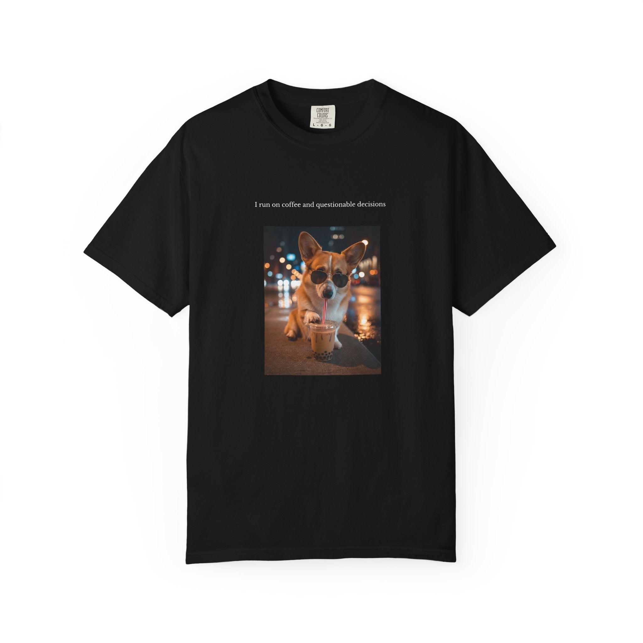 Corgi Night Walk T‑Shirt — "I run on coffee and questionable decisions" Graphic Tee