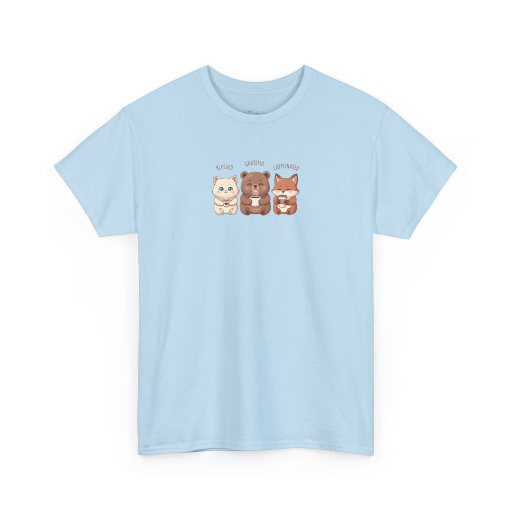 Cute Three Dogs Graphic Tee – Pawfect Puppy "Blessed, Grateful, Caffeinated "Trio T-Shirt