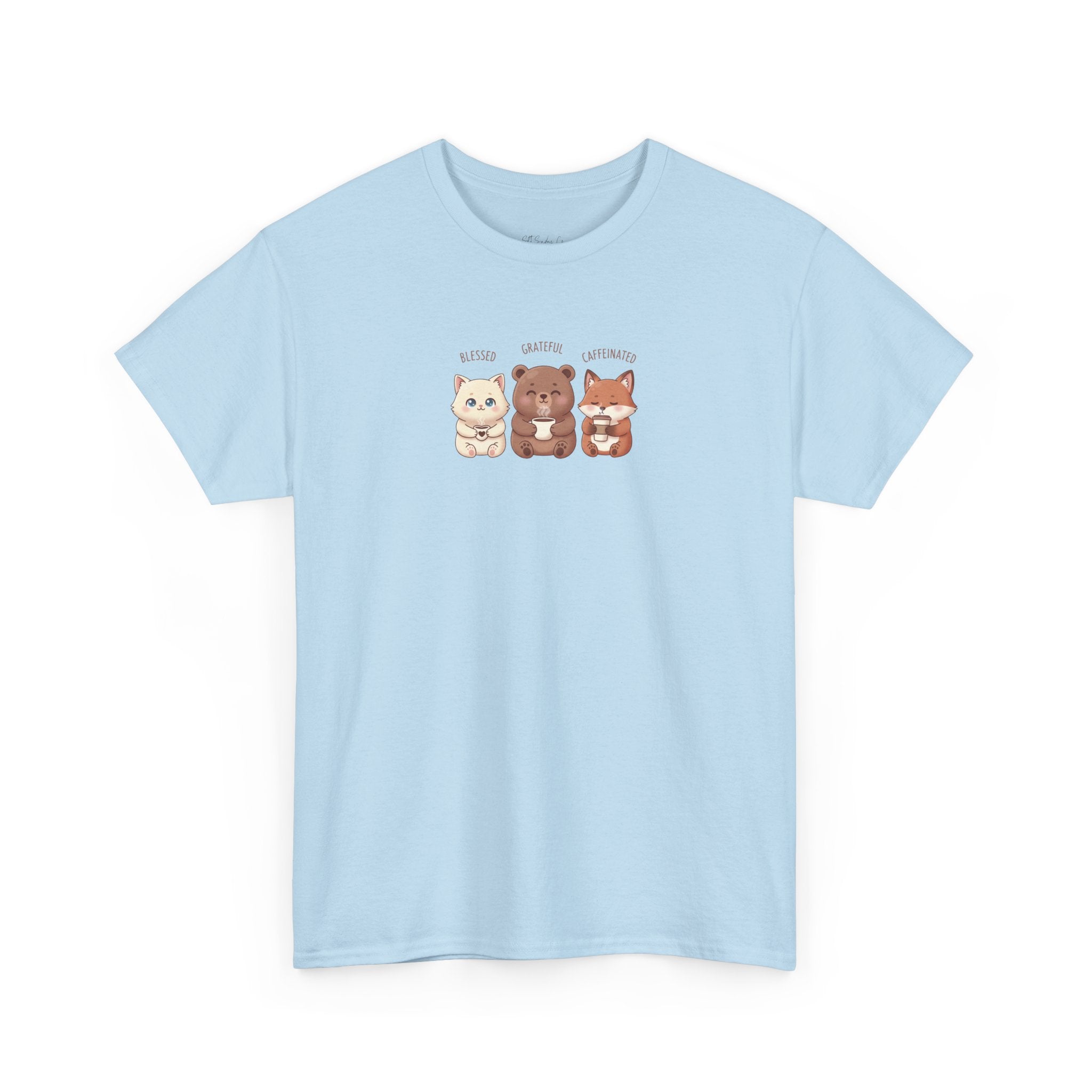 Cute Three Dogs Graphic Tee – Pawfect Puppy "Blessed, Grateful, Caffeinated "Trio T-Shirt