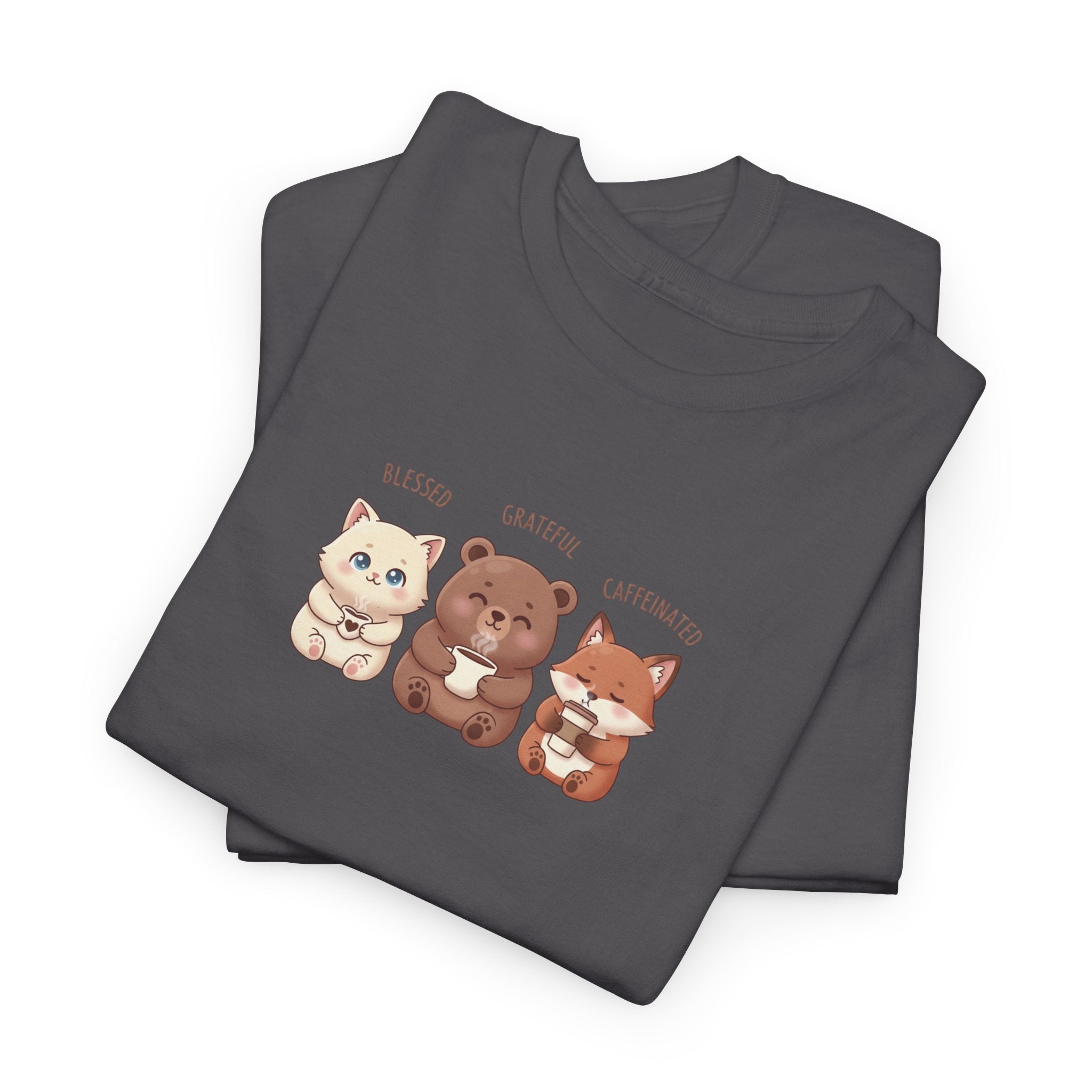 Cute Three Dogs Graphic Tee – Pawfect Puppy "Blessed, Grateful, Caffeinated "Trio T-Shirt