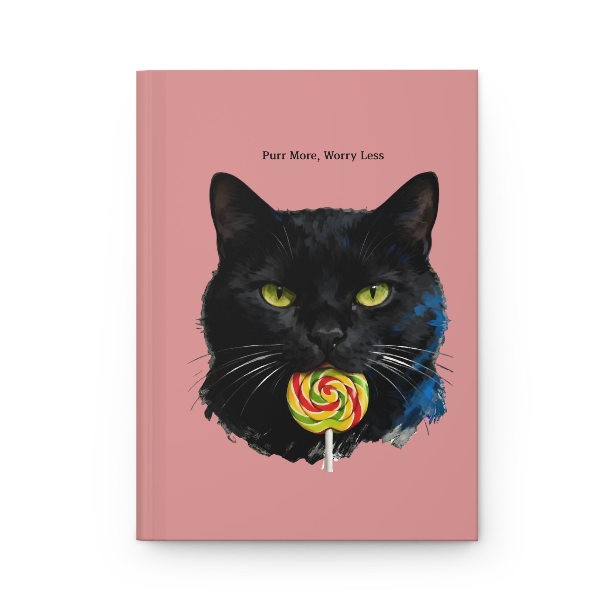 Hardcover Journal — Black Cat "Purr More, Worry Less" Pink Notebook