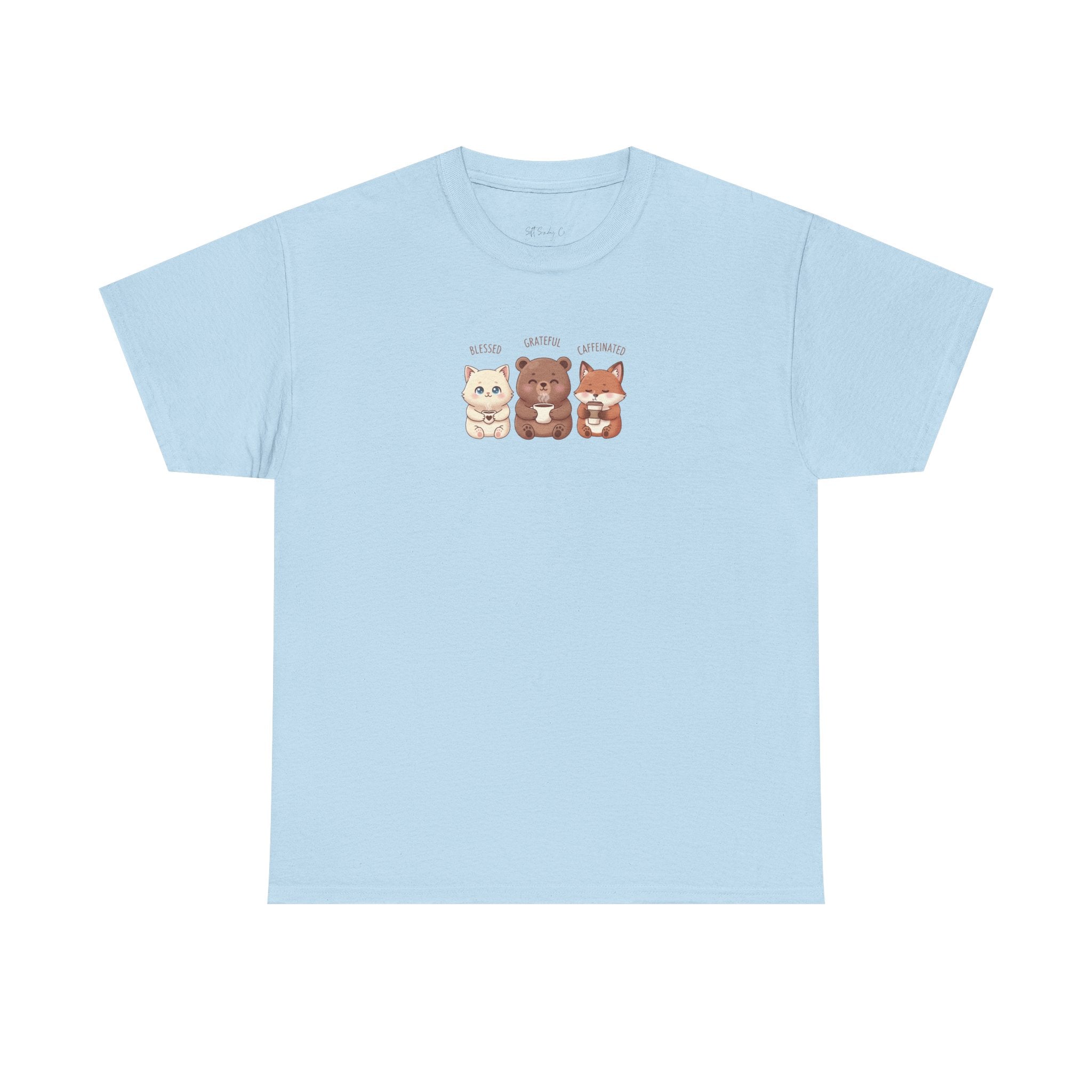 Cute Three Dogs Graphic Tee – Pawfect Puppy "Blessed, Grateful, Caffeinated "Trio T-Shirt