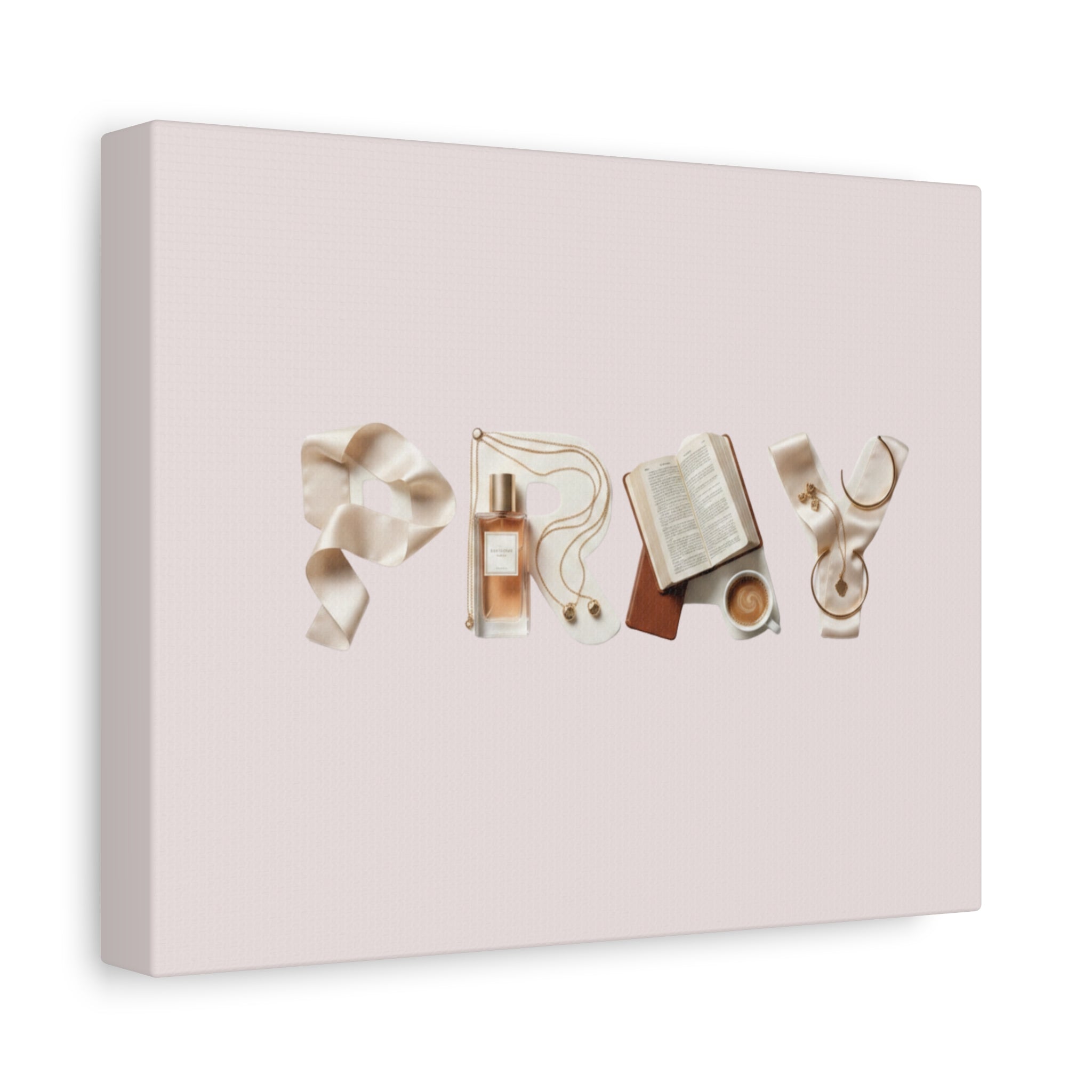 Canvas Wall Art — 'P R A Y' Typography with Book, Perfume & Coffee | Inspirational Bedroom Decor