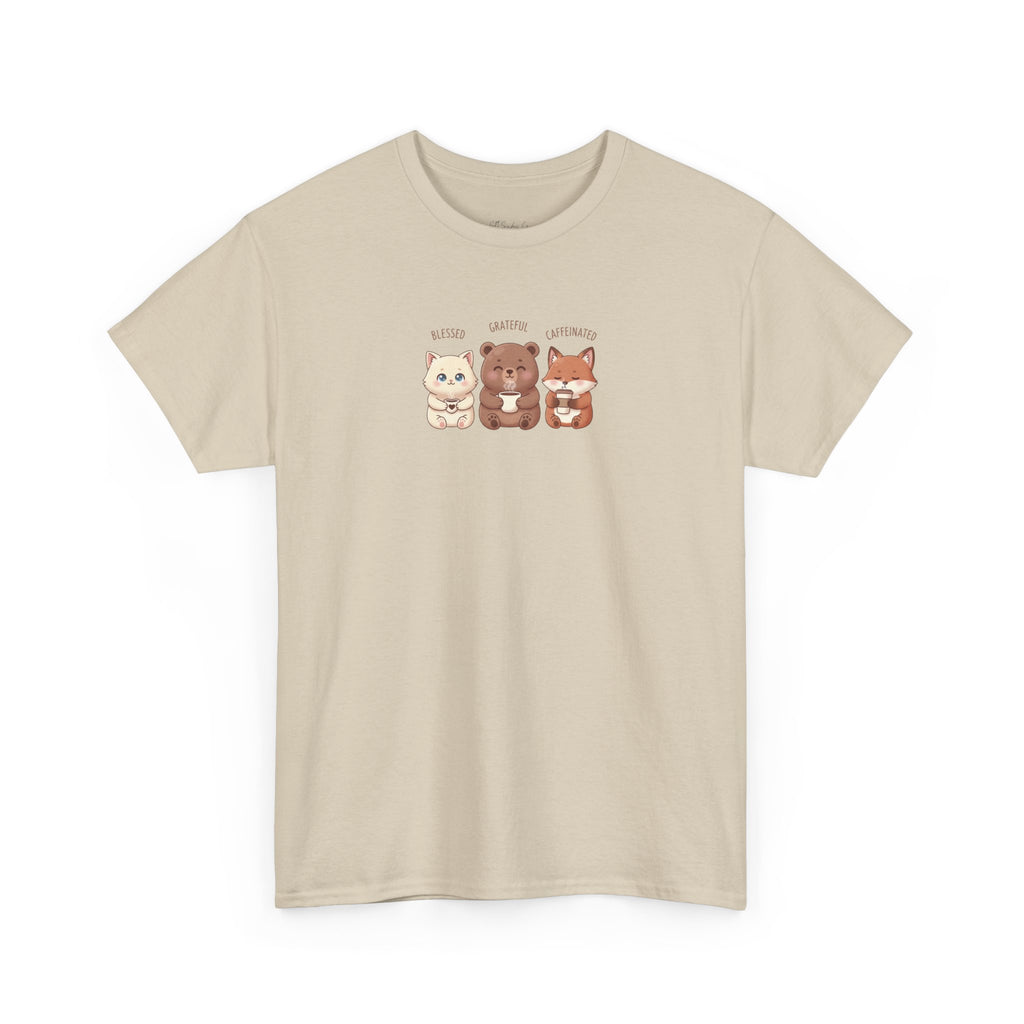 Cute Three Dogs Graphic Tee – Pawfect Puppy "Blessed, Grateful, Caffeinated "Trio T-Shirt