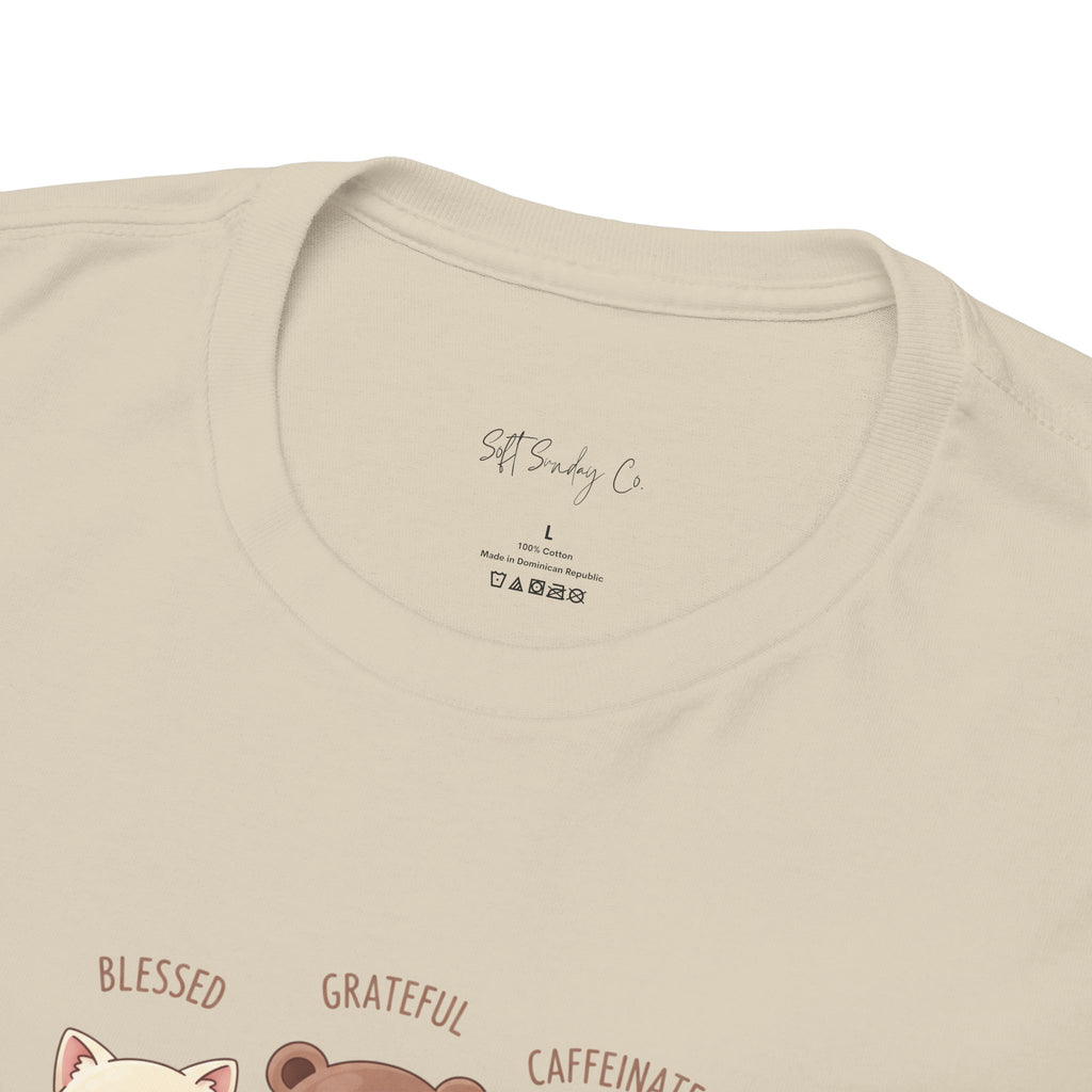 Cute Three Dogs Graphic Tee – Pawfect Puppy "Blessed, Grateful, Caffeinated "Trio T-Shirt