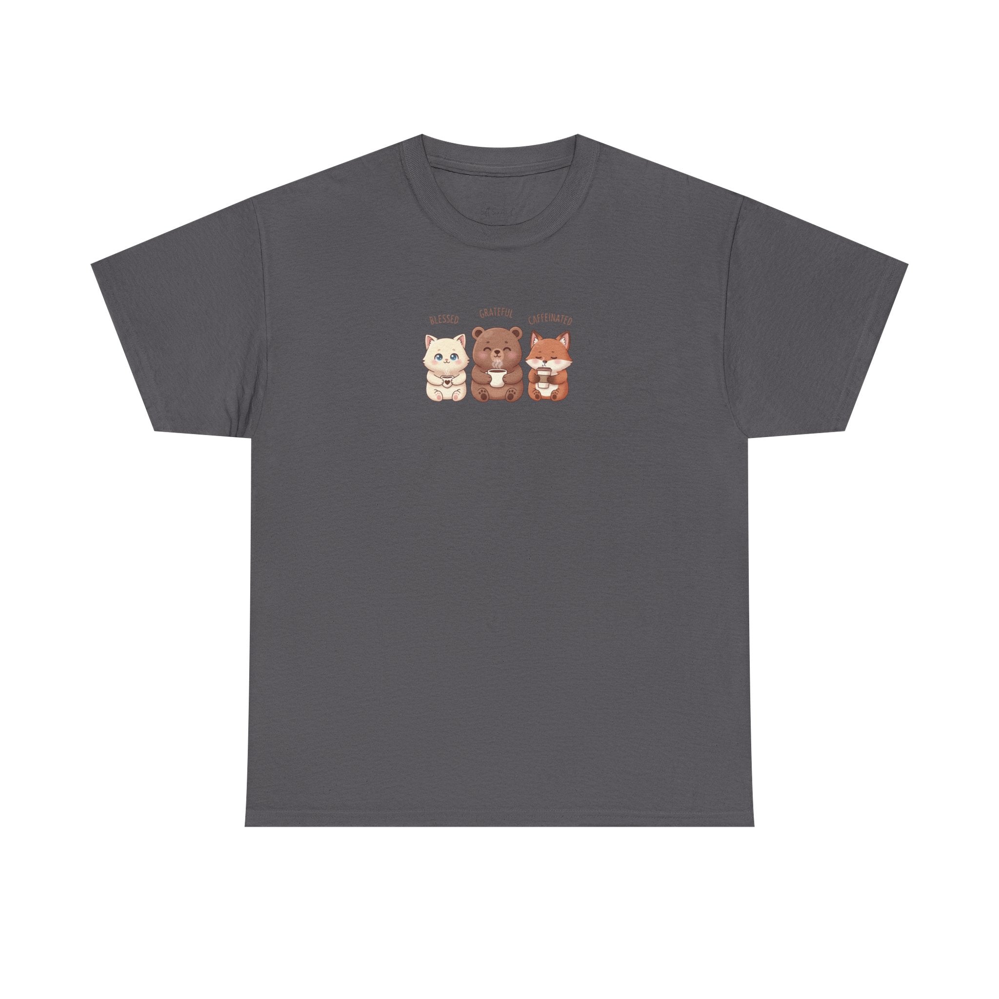 Cute Three Dogs Graphic Tee – Pawfect Puppy "Blessed, Grateful, Caffeinated "Trio T-Shirt