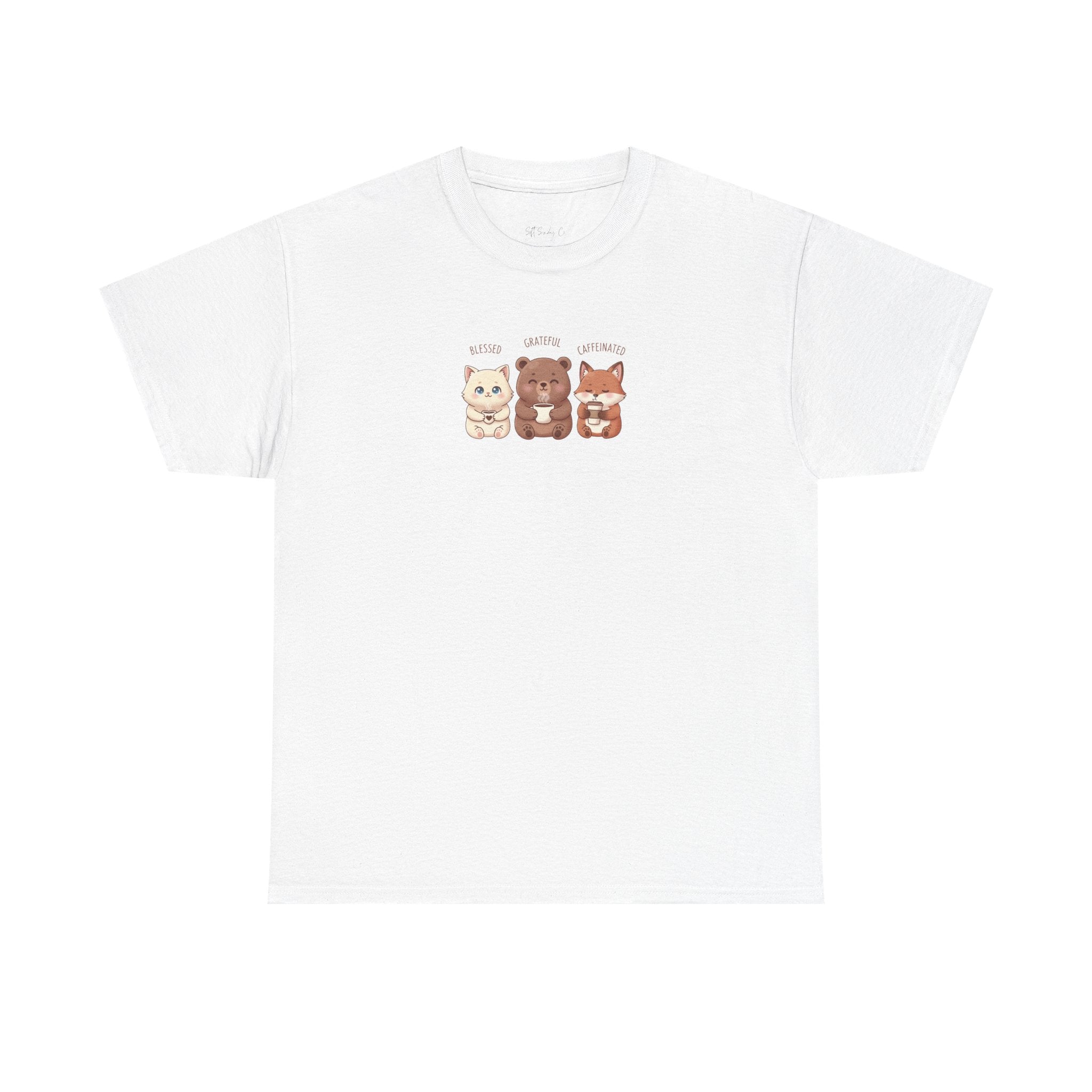 Cute Three Dogs Graphic Tee – Pawfect Puppy "Blessed, Grateful, Caffeinated "Trio T-Shirt
